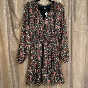 Old Navy Black Floral Gold Stripe Waist-Defined Shine Mini Dress Small Tall NWT